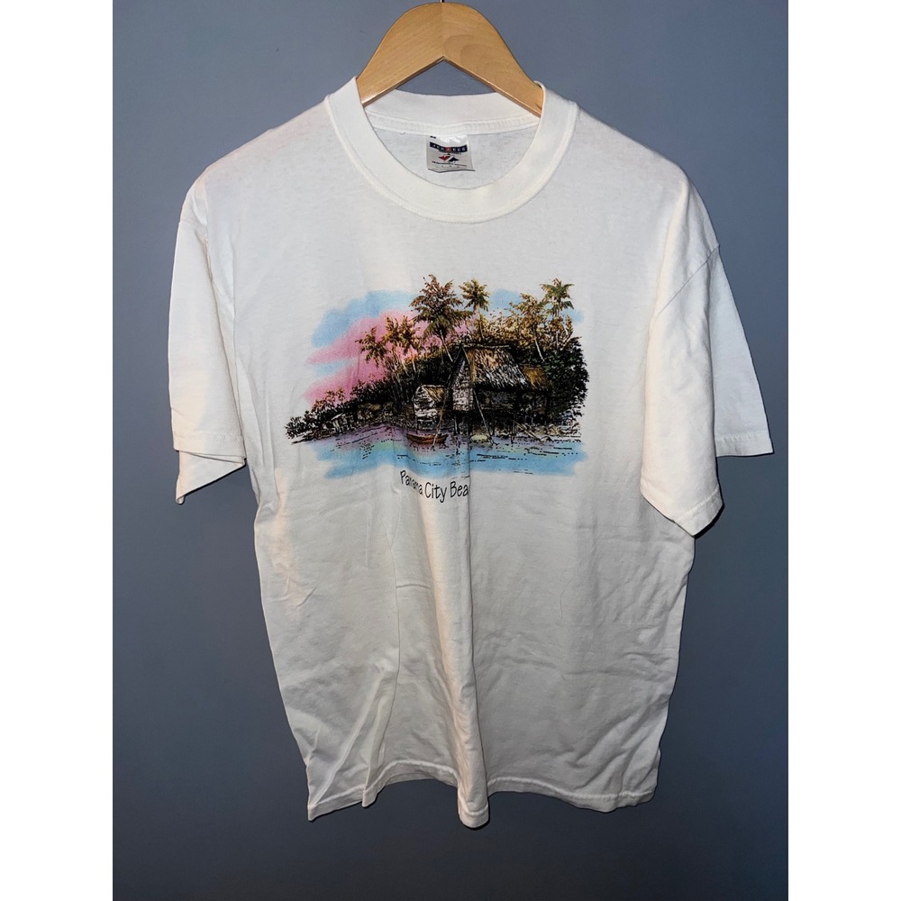 Vintage Jerzees Panama City Beach Graphic T-Shirt White Cotton Mens Large